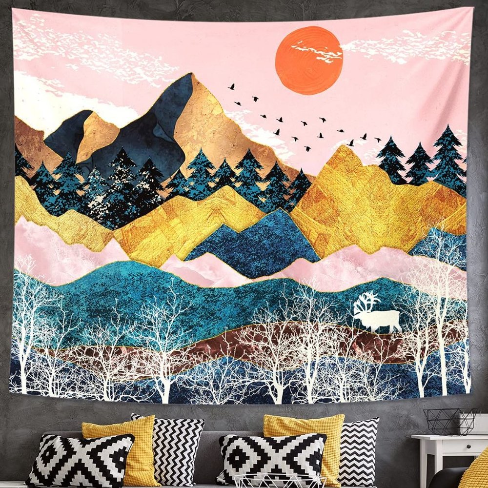 Wall Hanging Forest Tree Mountain Tapestry 51X59"